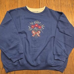 Vintage Bold Spirit Woman Embroidered Floral Crewneck Sweatshirt Blue 2X